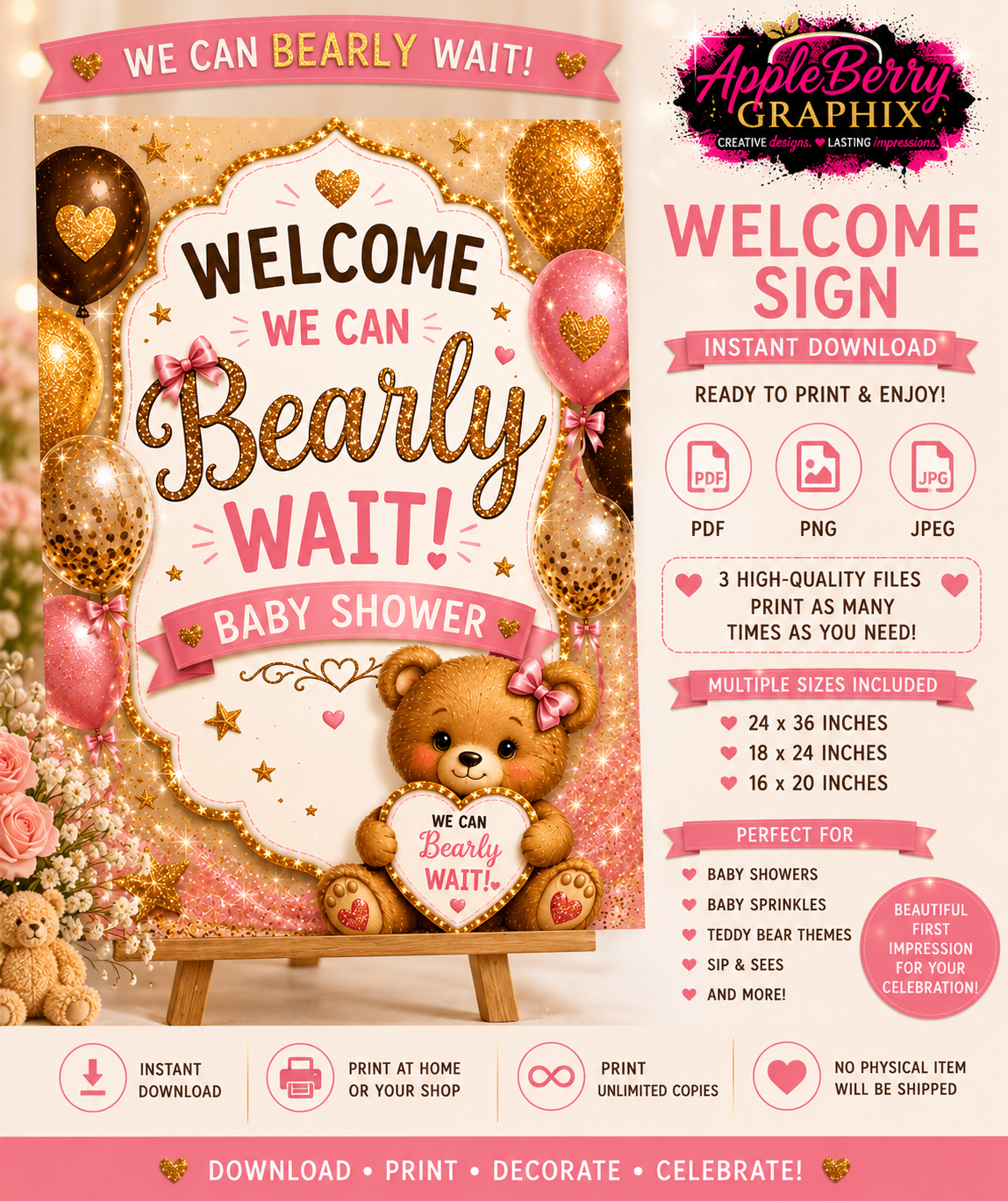 We Can Bearly Wait! Baby Shower Welcome Sign | Teddy Bear Theme Welcome Poster | Instant Download