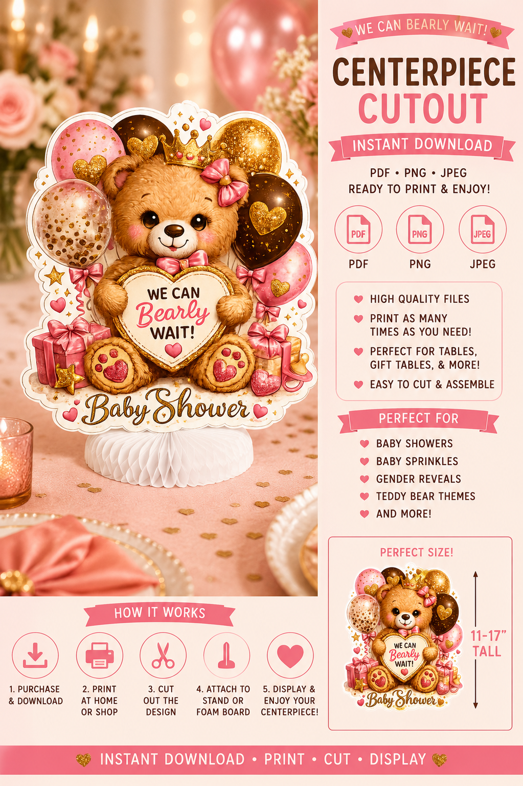 We Can Bearly Wait! Baby Shower Centerpiece Cutout | Teddy Bear Theme | Instant Download PDF, PNG & JPEG