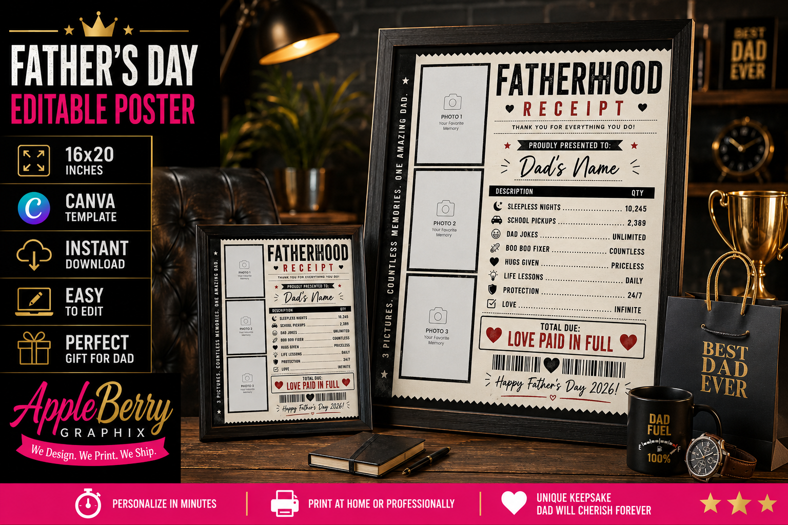 FATHERHOOD RECEIPT™ Editable Father's Day Canva Template | 16x20 Poster | Instant Download