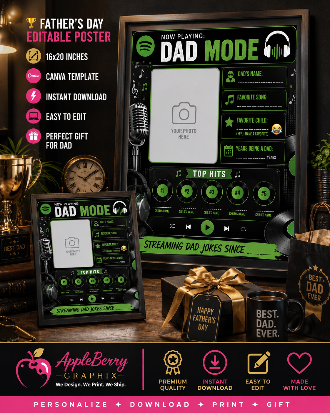 DADIFY™ – NOW PLAYING: DAD MODE Editable Father's Day Canva Template | 16x20 Poster | Instant Download