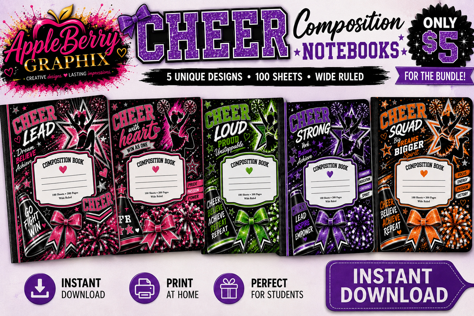 Cheer Composition Notebook Templates Bundle – Instant Download