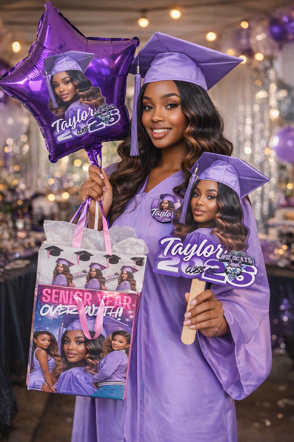 Graduation Celebration Bundle – Custom Photo Gift Bag Set (Balloon, Fan & Buttons Included)