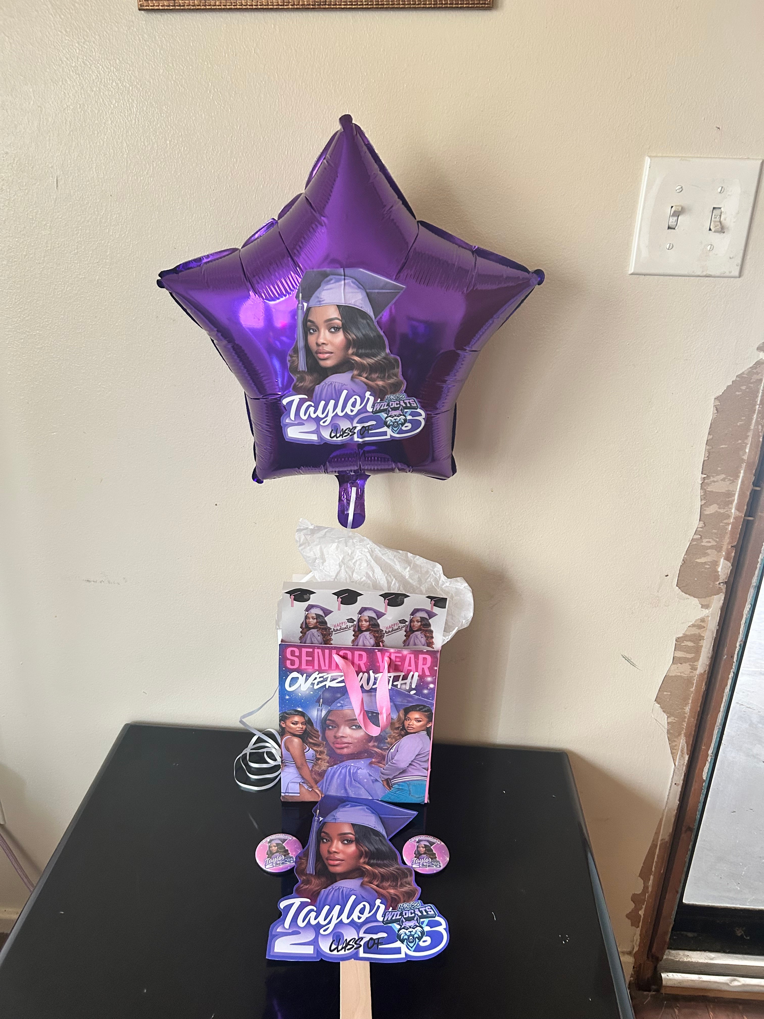 Graduation Celebration Bundle – Custom Photo Gift Bag Set (Balloon, Fan & Buttons Included)