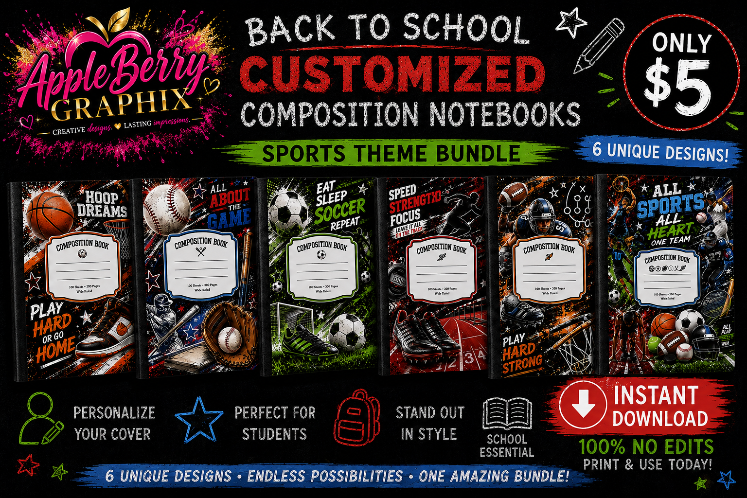 Sports Theme Composition Notebook Templates Bundle – Instant Download