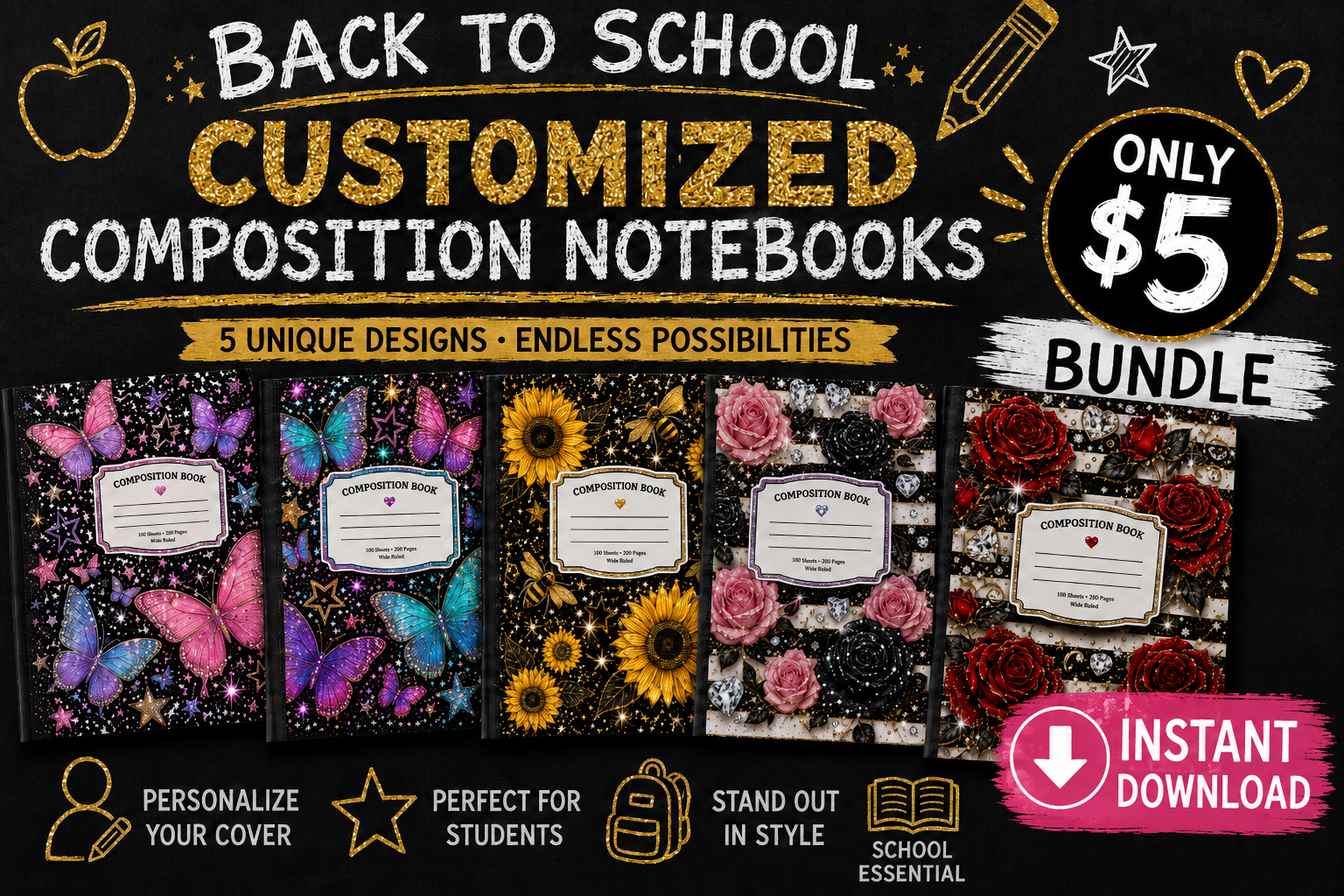 Sparkles, Butterflies & Flowers Composition Notebook Templates Bundle – Instant Download