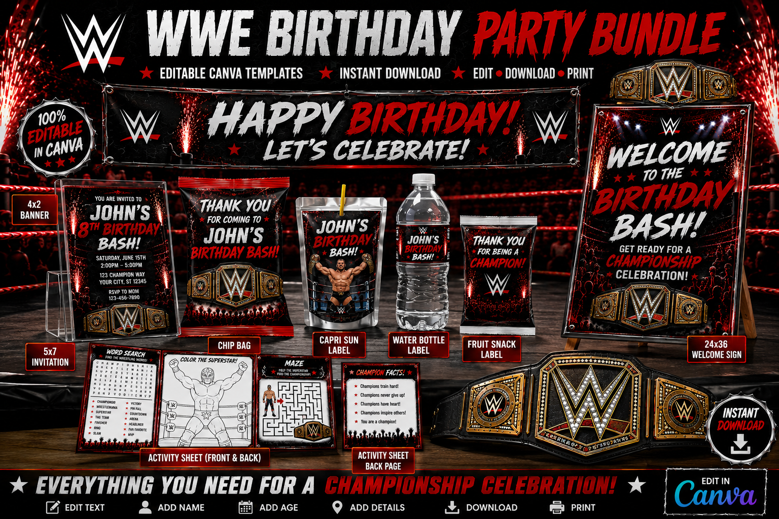 WWE-Inspired Birthday Party Bundle | Editable Canva Templates | Instant Download